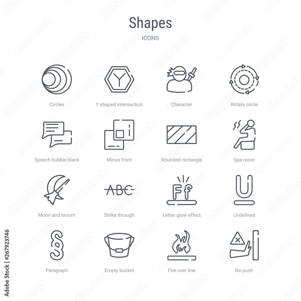 set of 16 shapes concept vector line icons such as no push, fire over line, empty bucket, paragraph, undelined, letter glow effect, strike through, moon and broom. 64x64 thin stroke icons