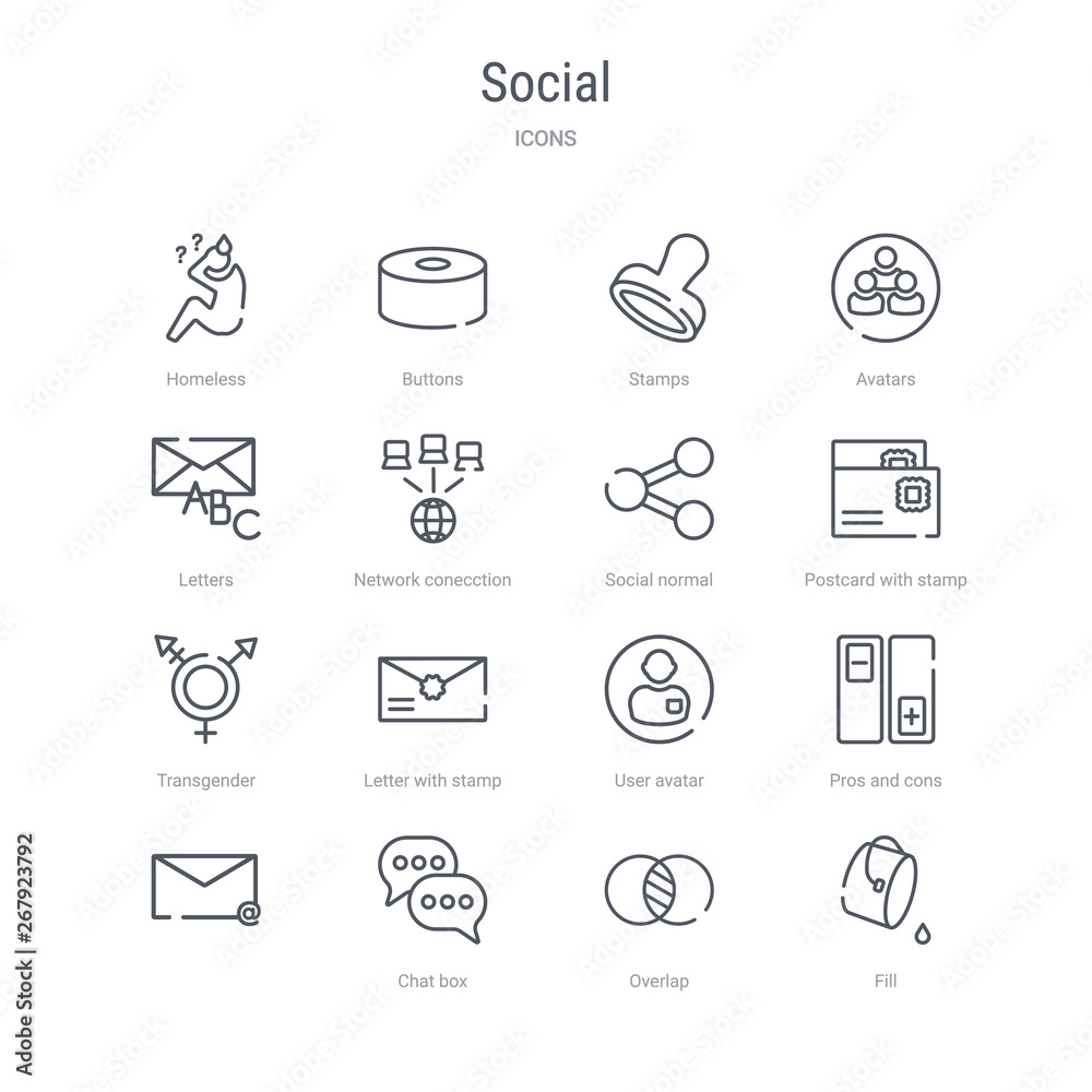 set of 16 social concept vector line icons such as fill, overlap, chat box, , pros and cons, user avatar, letter with stamp, transgender. 64x64 thin stroke icons set of 16 social concept vector line icons such as fill, overlap, chat box, , pros and cons, user avatar, letter with stamp, transgender. 64x64 thin stroke icons