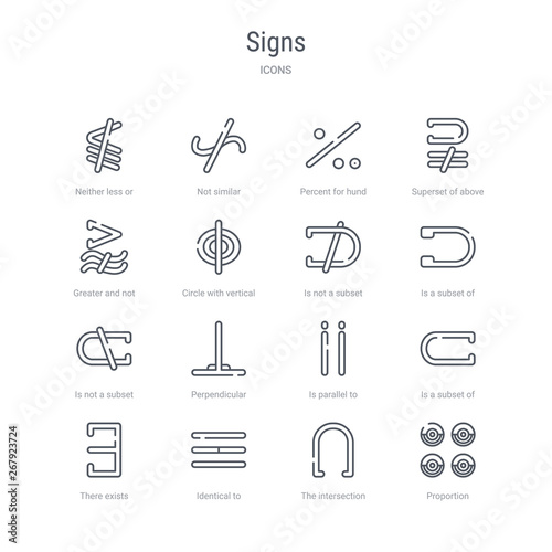 set of 16 signs concept vector line icons such as proportion, the intersection of, identical to, there exists, is a subset of, is parallel to, perpendicular, is not a subset. 64x64 thin stroke icons