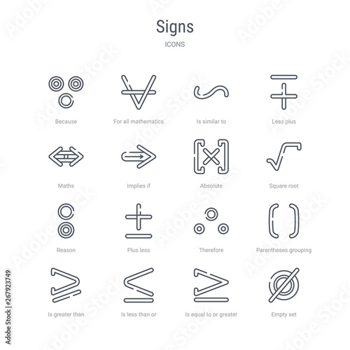 set of 16 signs concept vector line icons such as empty set, is equal to or greater than, is less than or equal to, is greater than or equal to, parentheses grouping, therefore, plus less, reason.