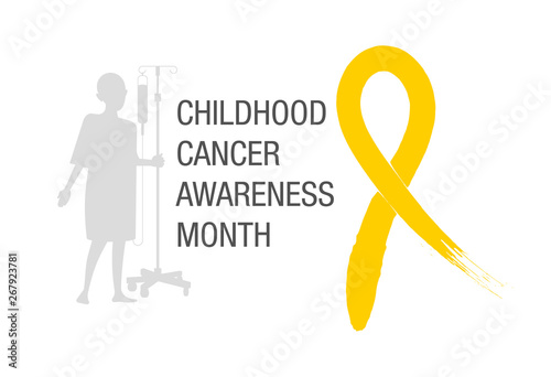 Emblem for a childhood cancer awareness month, picturing little bold head patient with drip stand, standing near big yellow  paint brush ribbon symbol. (ID: 267923781)