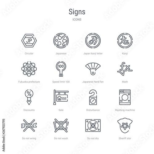 set of 16 signs concept vector line icons such as sheriff star, do not dry, do not wash, do not wring, washing machine, disturbance, sale, discounts. 64x64 thin stroke icons