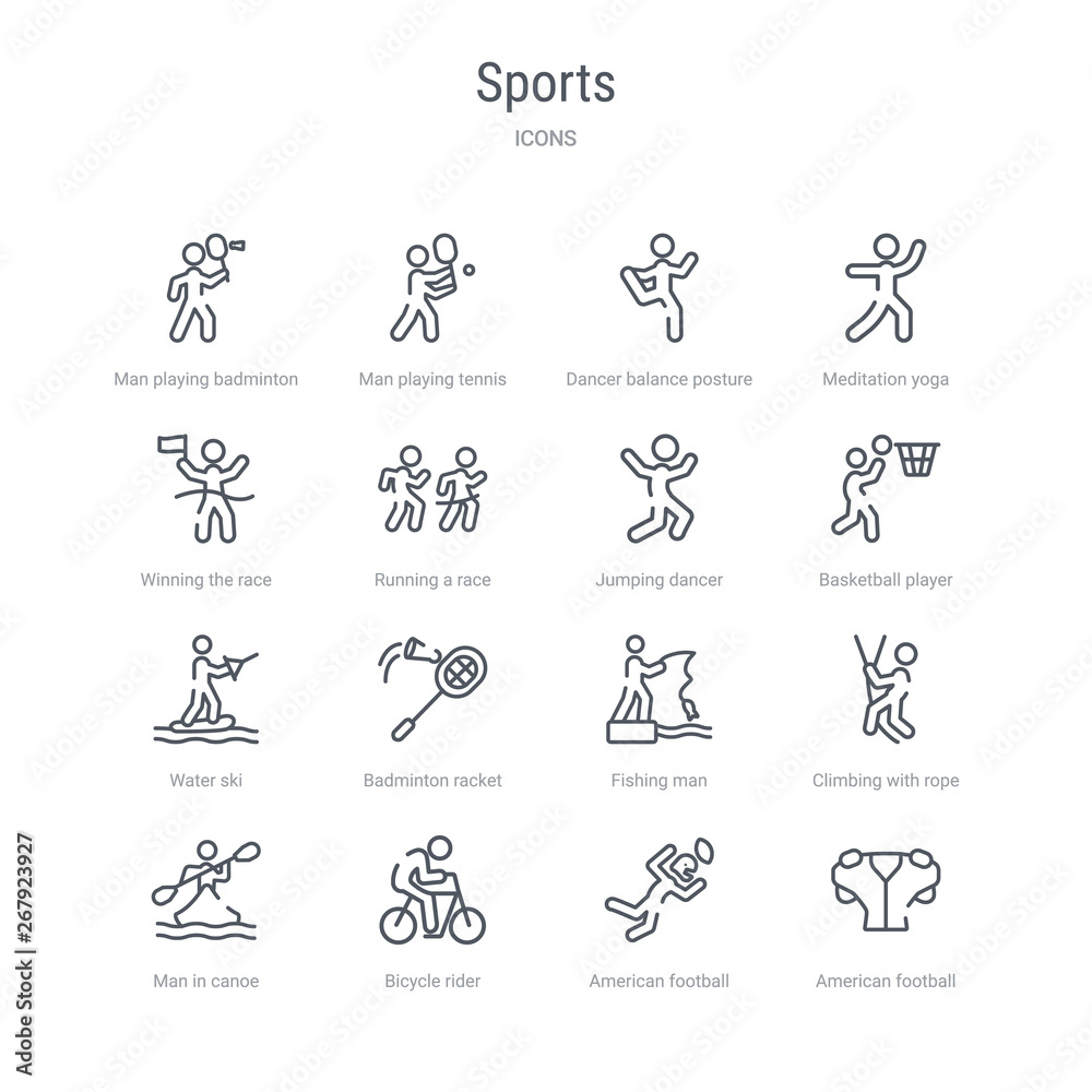 set of 16 sports concept vector line icons such as american football player black t shirt cloth, american football player catching the ball, bicycle rider, man in canoe, climbing with rope, fishing