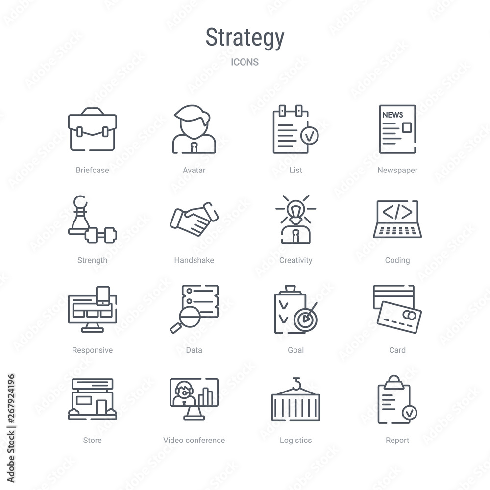 set of 16 strategy concept vector line icons such as report, logistics, video conference, store, card, goal, data, responsive. 64x64 thin stroke icons set of 16 strategy concept vector line icons such as report, logistics, video conference, store, card, goal, data, responsive. 64x64 thin stroke icons