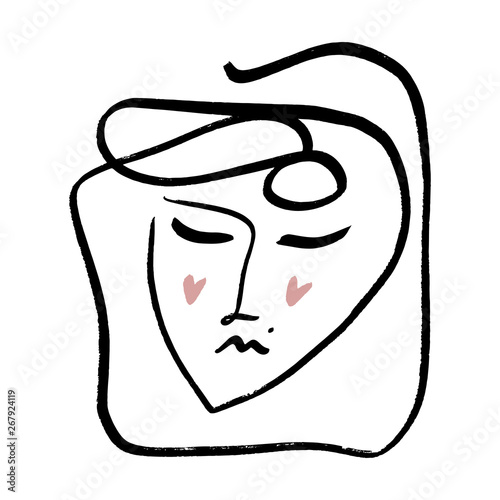 Simple hand drawn black and white trendy line portrait art. Abstract print for clothes, textile and other. Vector illustration EPS