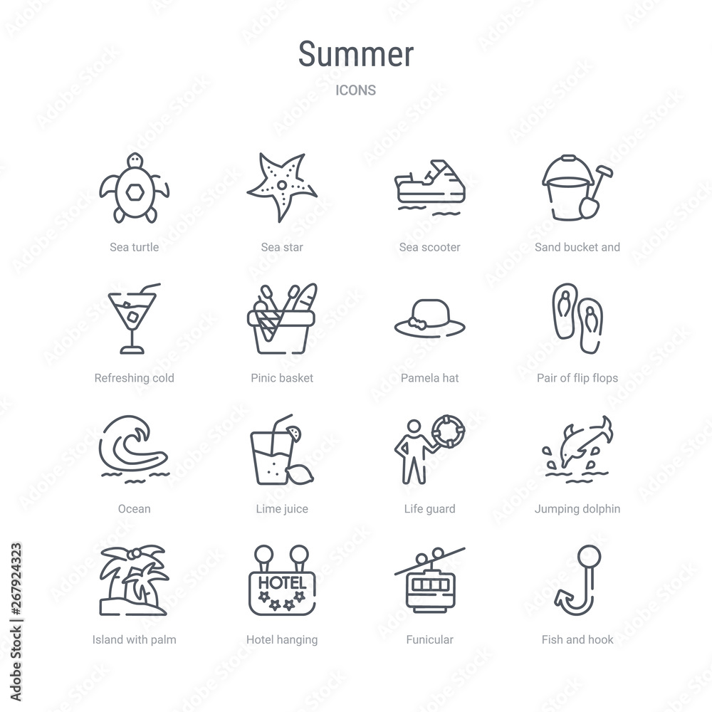 set of 16 summer concept vector line icons such as fish and hook, funicular, hotel hanging, island with palm trees, jumping dolphin, life guard, lime juice, ocean. 64x64 thin stroke icons