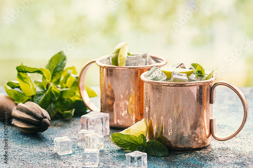 Canvas Print Moscow mule cocktail in copper cup with lime, ginger beer, vodka and mint garnis