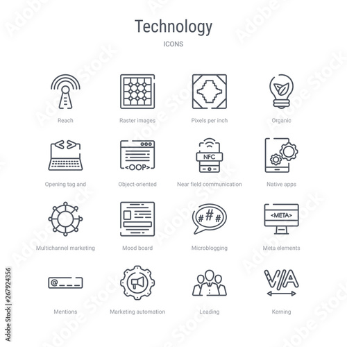 set of 16 technology concept vector line icons such as kerning, leading, marketing automation, mentions, meta elements, microblogging, mood board, multichannel marketing. 64x64 thin stroke icons