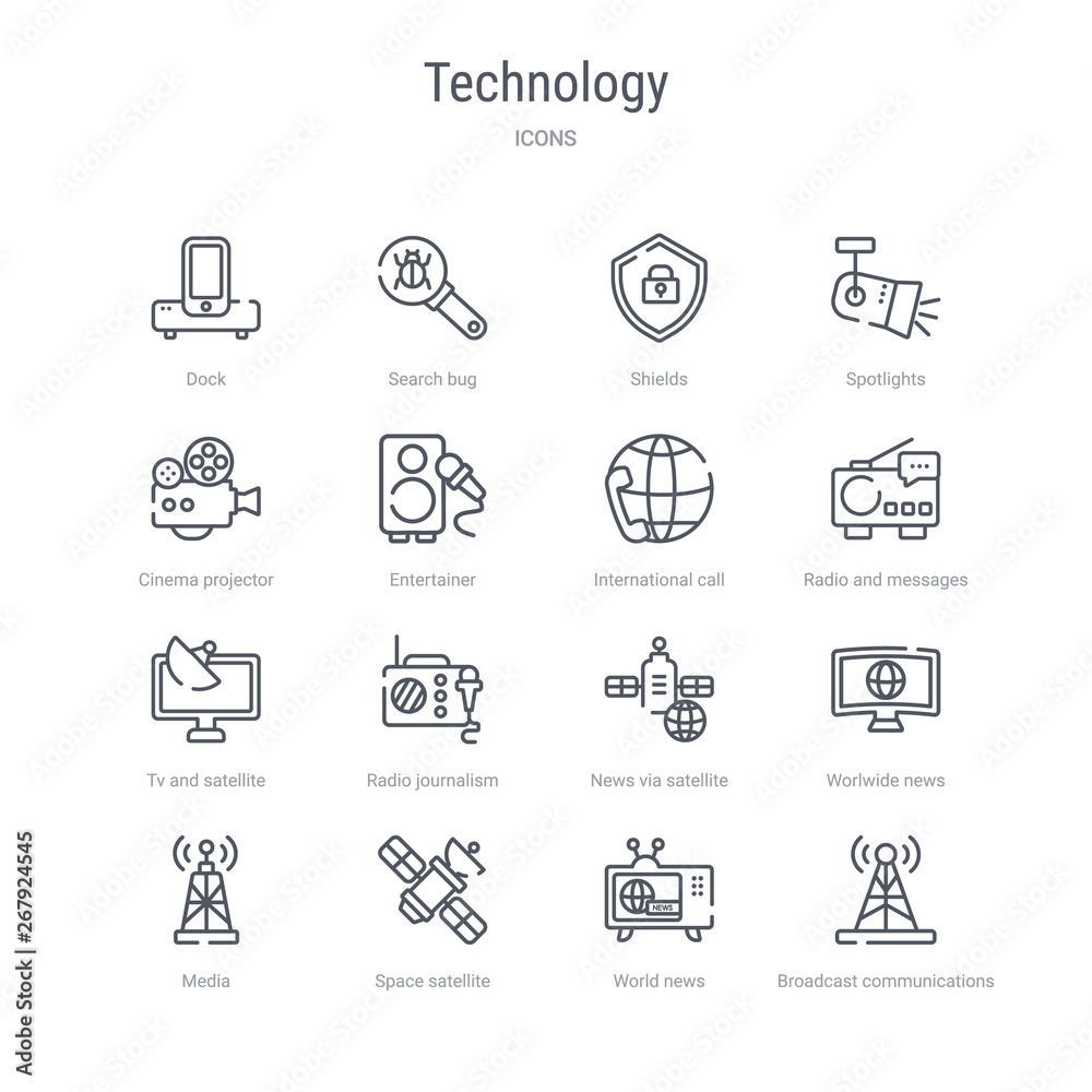 set of 16 technology concept vector line icons such as broadcast communications tower, world news, space satellite, media, worlwide news, news via satellite, radio journalism, tv and satellite.