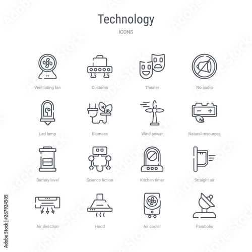 set of 16 technology concept vector line icons such as parabolic, air cooler, hood, air direction, straight air, kitchen timer, science fiction, battery level. 64x64 thin stroke icons