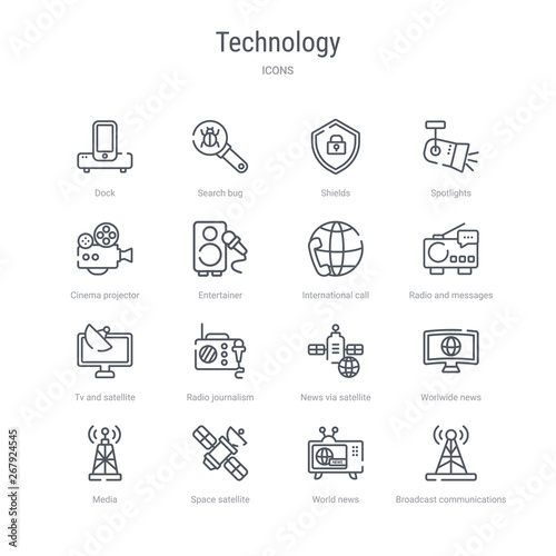 set of 16 technology concept vector line icons such as broadcast communications tower, world news, space satellite, media, worlwide news, news via satellite, radio journalism, tv and satellite.