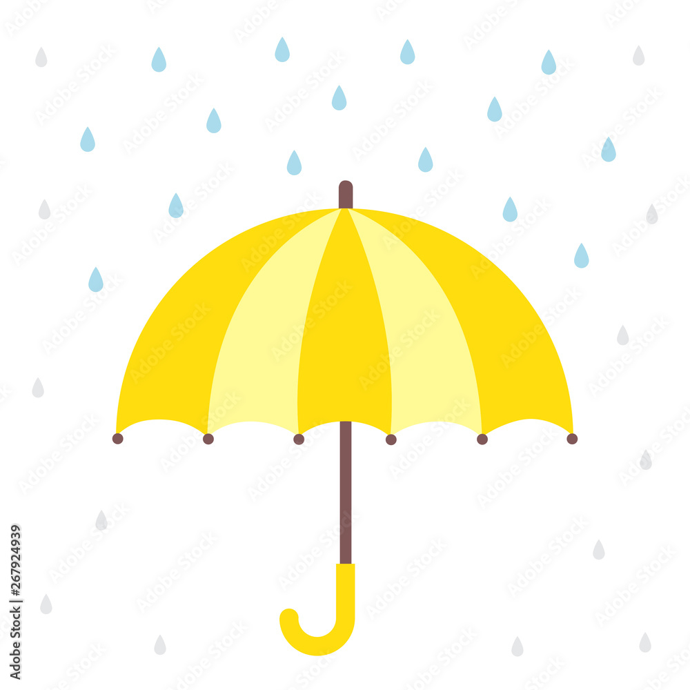 Yellow umbrella with raindrops isolated on white background