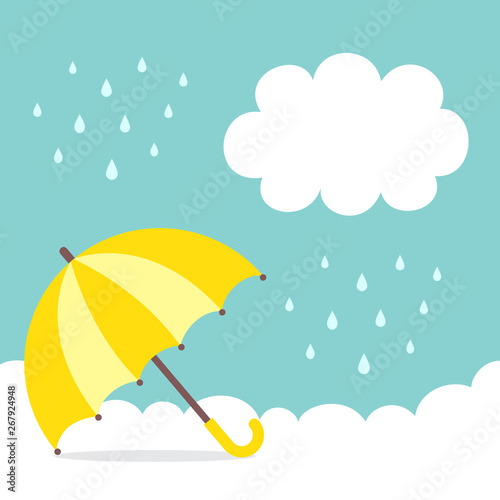 Yellow umbrella with raindrops on cloud background