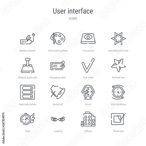 set of 16 user interface concept vector line icons such as check box, offices, looking, past, anti clockwise, hours, sound off, help web button. 64x64 thin stroke icons