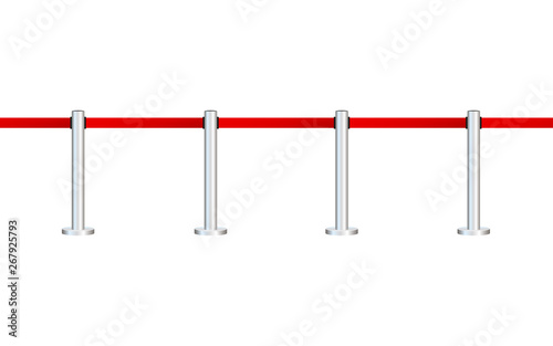 Red carpet with red ropes on golden stanchions. Exclusive event, movie premiere, gala, ceremony, awards concept. Vector stock illustration.