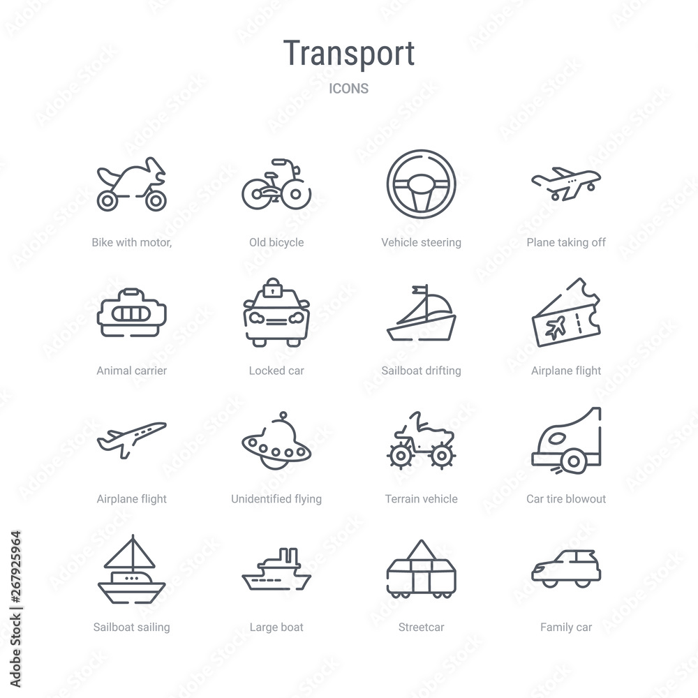 set of 16 transport concept vector line icons such as family car, streetcar, large boat, sailboat sailing, car tire blowout, terrain vehicle, unidentified flying, airplane flight. 64x64 thin stroke