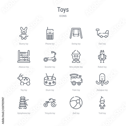 set of 16 toys concept vector line icons such as troll toy, ball toy, tricycle toy, xylophone octopus train drum 64x64 thin stroke icons