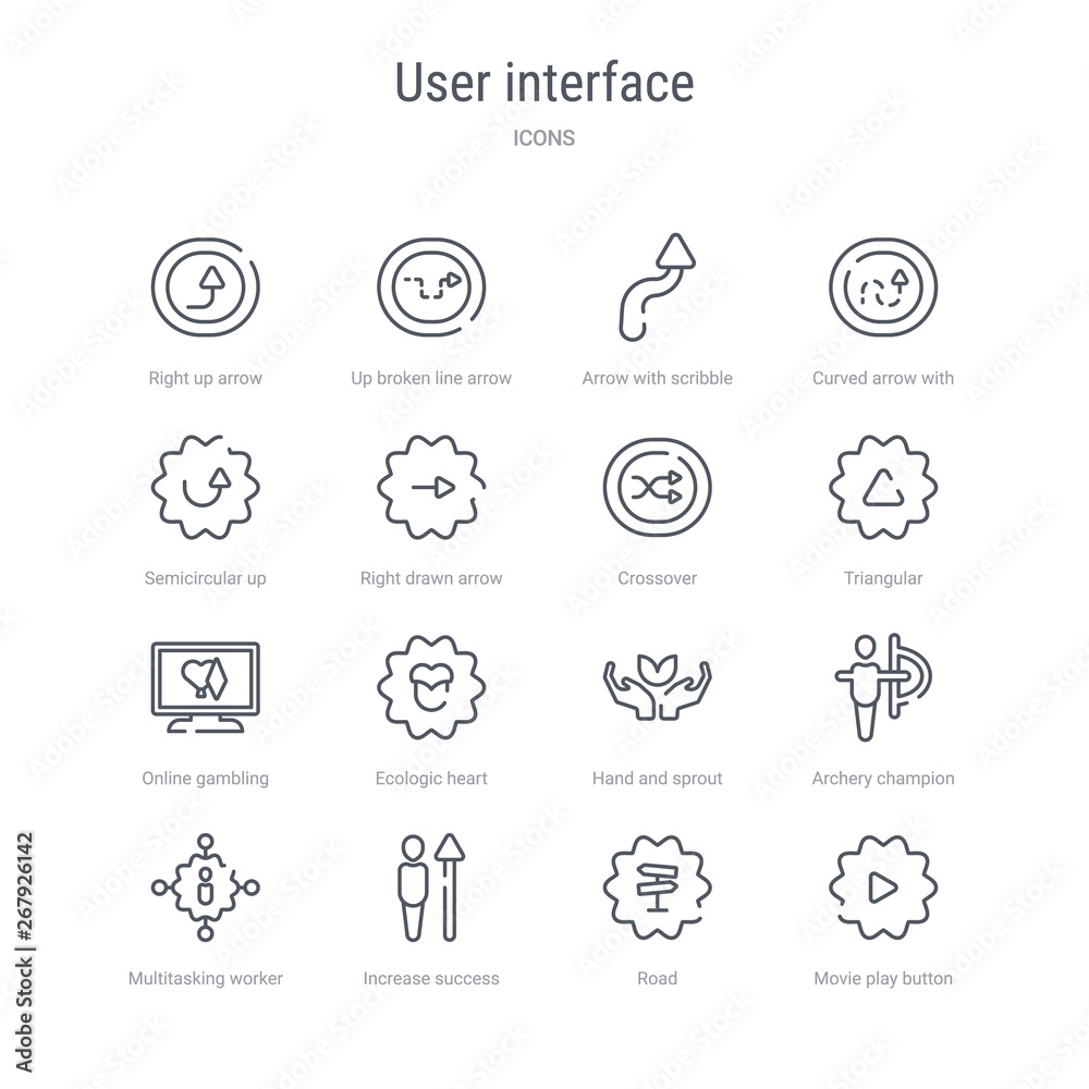 set of 16 user interface concept vector line icons such as movie play button, road, increase success, multitasking worker, archery champion, hand and sprout, ecologic heart, online gambling. 64x64