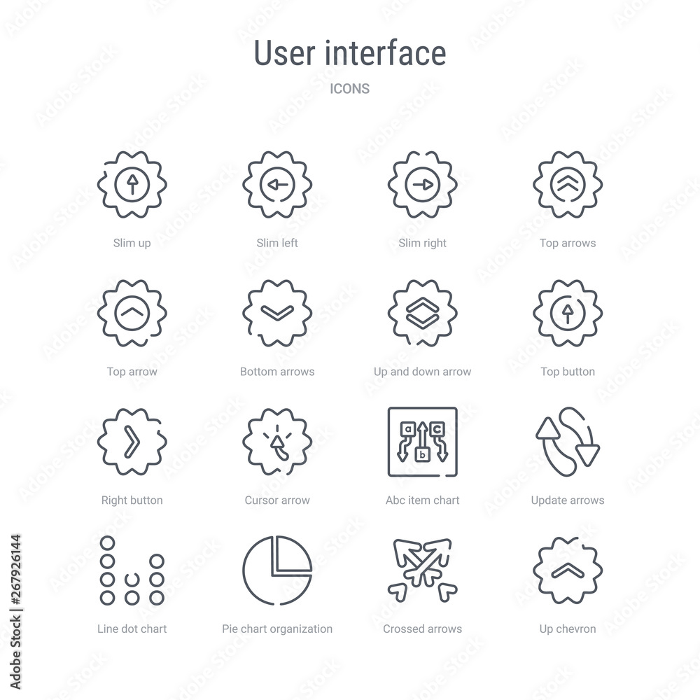 set of 16 user interface concept vector line icons such as up chevron, crossed arrows, pie chart organization, line dot chart, update arrows, abc item chart, cursor arrow, right button. 64x64 thin