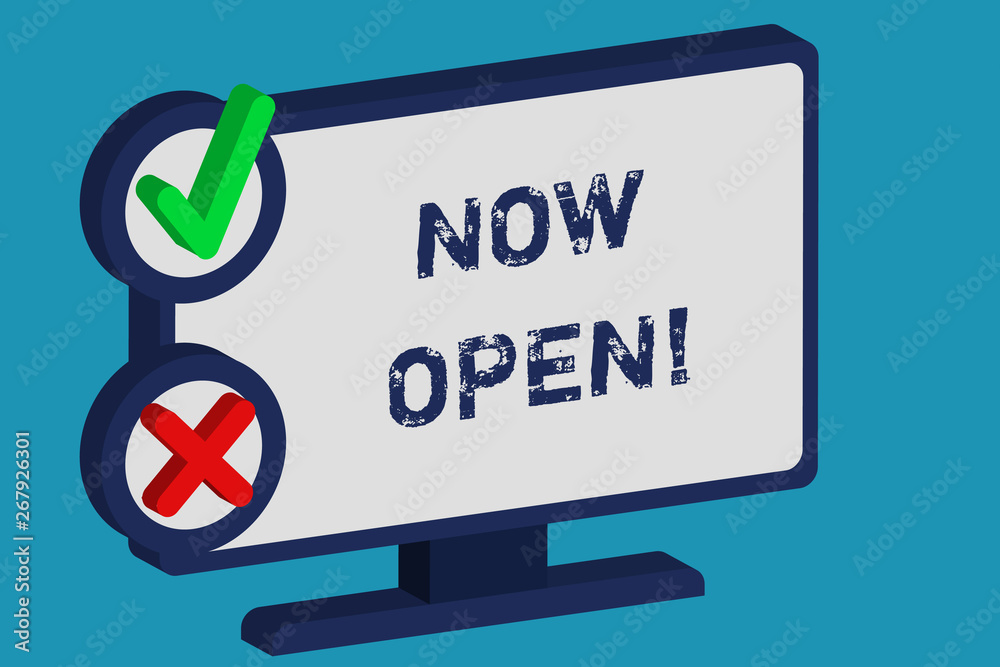 Word writing text Now Open. Business photo showcasing leave door or windows not closed or barred at this current time Word writing text Now Open. Business photo showcasing leave door or windows not closed or barred at this current time
