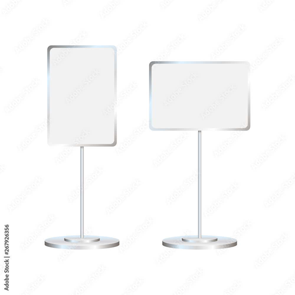 Stand signage with blank screen. Advertising signage mockup. Vector stock illustration. Stand signage with blank screen. Advertising signage mockup. Vector stock illustration.