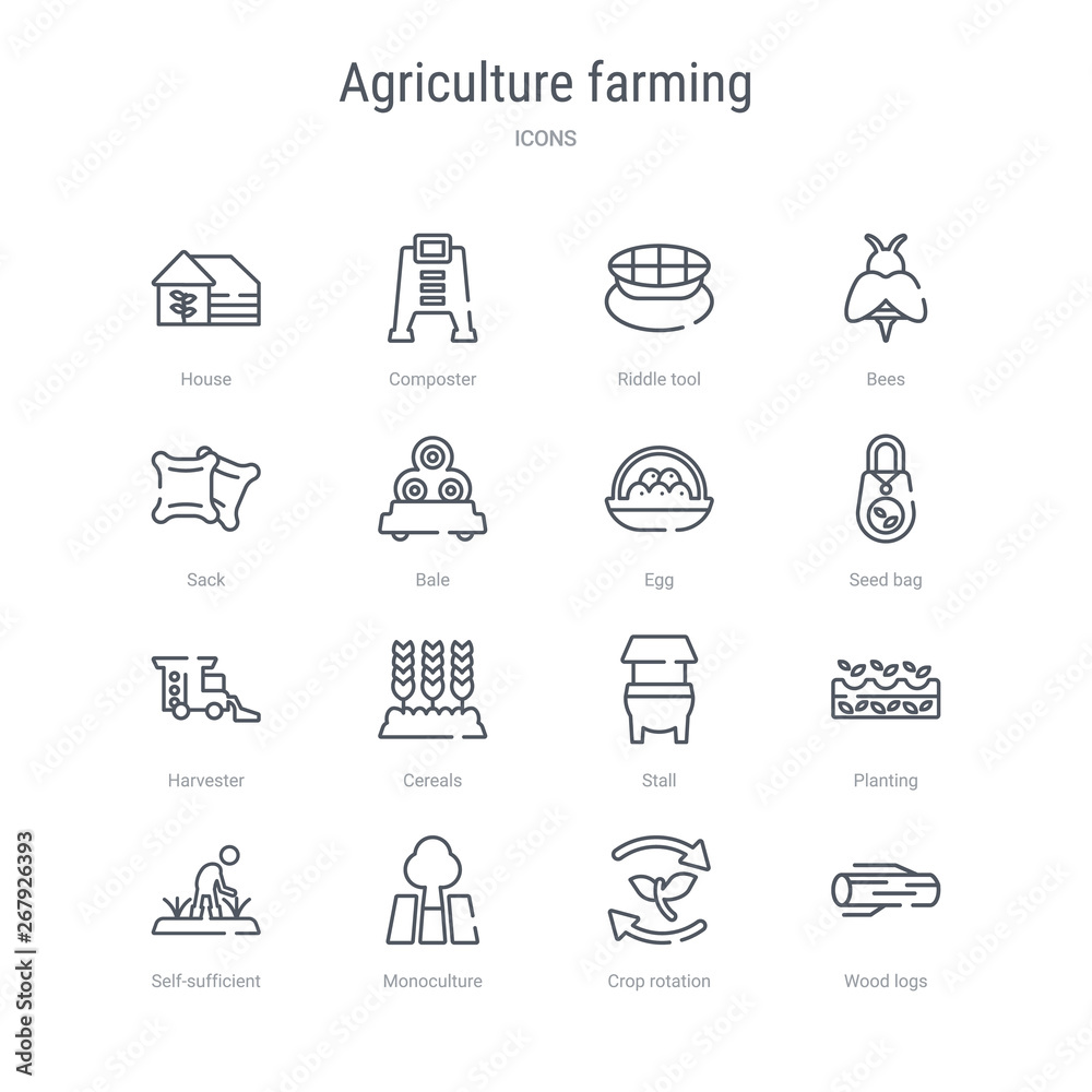 set of 16 agriculture farming concept vector line icons such as wood logs, crop rotation, monoculture, self-sufficient, planting, stall, cereals, harvester. 64x64 thin stroke icons