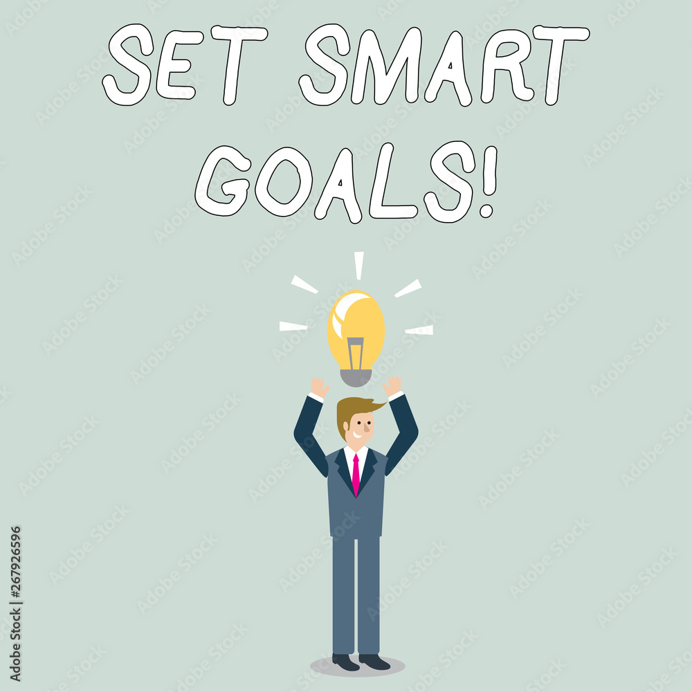 Word writing text Set Smart Goals. Business photo showcasing list to clarify your ideas focus efforts use time wisely Businessman Standing Raising Arms Upward with Lighted Bulb Icon on his Head Word writing text Set Smart Goals. Business photo showcasing list to clarify your ideas focus efforts use time wisely Businessman Standing Raising Arms Upward with Lighted Bulb Icon on his Head