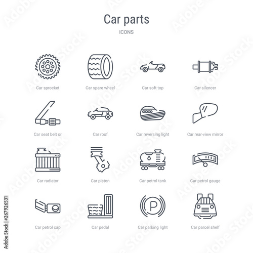 set of 16 car parts concept vector line icons such as car parcel shelf, car parking light, pedal, petrol cap, petrol gauge, petrol tank, piston, radiator. 64x64 thin stroke icons