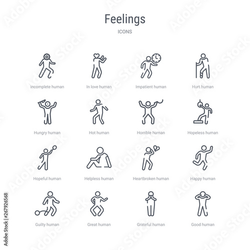 set of 16 feelings concept vector line icons such as good human, grateful human, great human, guilty happy heartbroken helpless hopeful 64x64 thin stroke icons