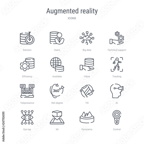 set of 16 augmented reality concept vector line icons such as control, panorama, 3d, eye tap, ar, tilt, 360 degree, telepresence. 64x64 thin stroke icons