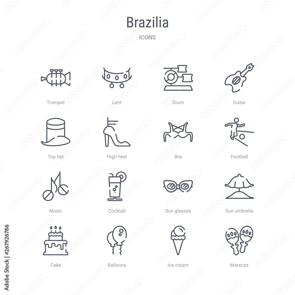 Φωτογραφία set of 16 brazilia concept vector line icons such as maracas, ice cream, balloons, cake, sun umbrella, sun glasses, cocktail, music