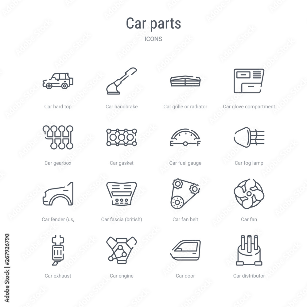 Φωτογραφία set of 16 car parts concept vector line icons such as car distributor cap, car door, engine, exhaust, fan, fan belt, fascia (british), fender (us, canadian)