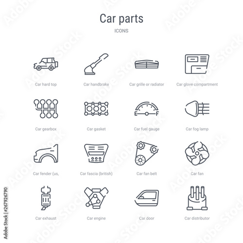 set of 16 car parts concept vector line icons such as car distributor cap, car door, engine, exhaust, fan, fan belt, fascia (british), fender (us, canadian). 64x64 thin stroke icons