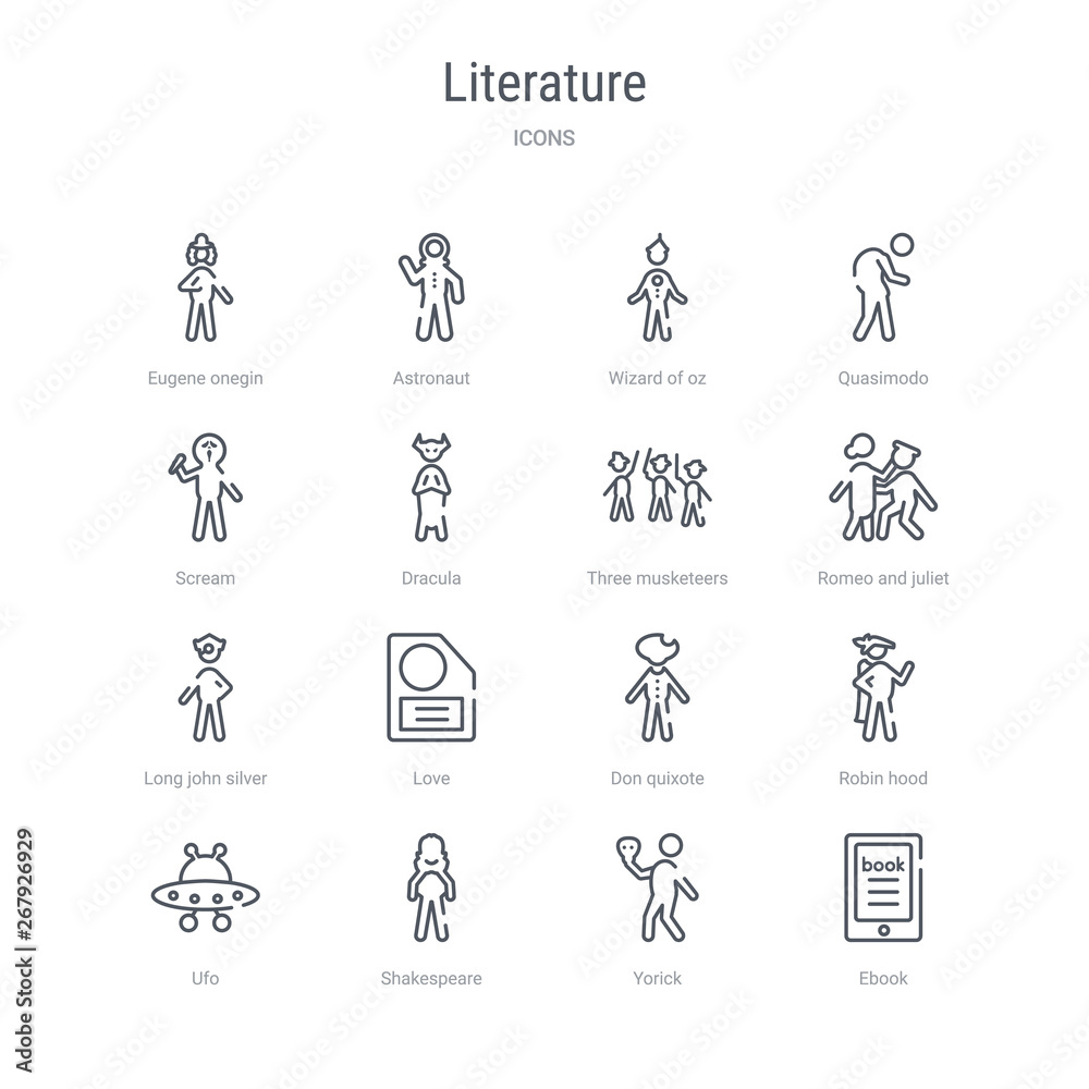 set of 16 literature concept vector line icons such as ebook, yorick, shakespeare, ufo, robin hood, don quixote, love, long john silver. 64x64 thin stroke icons