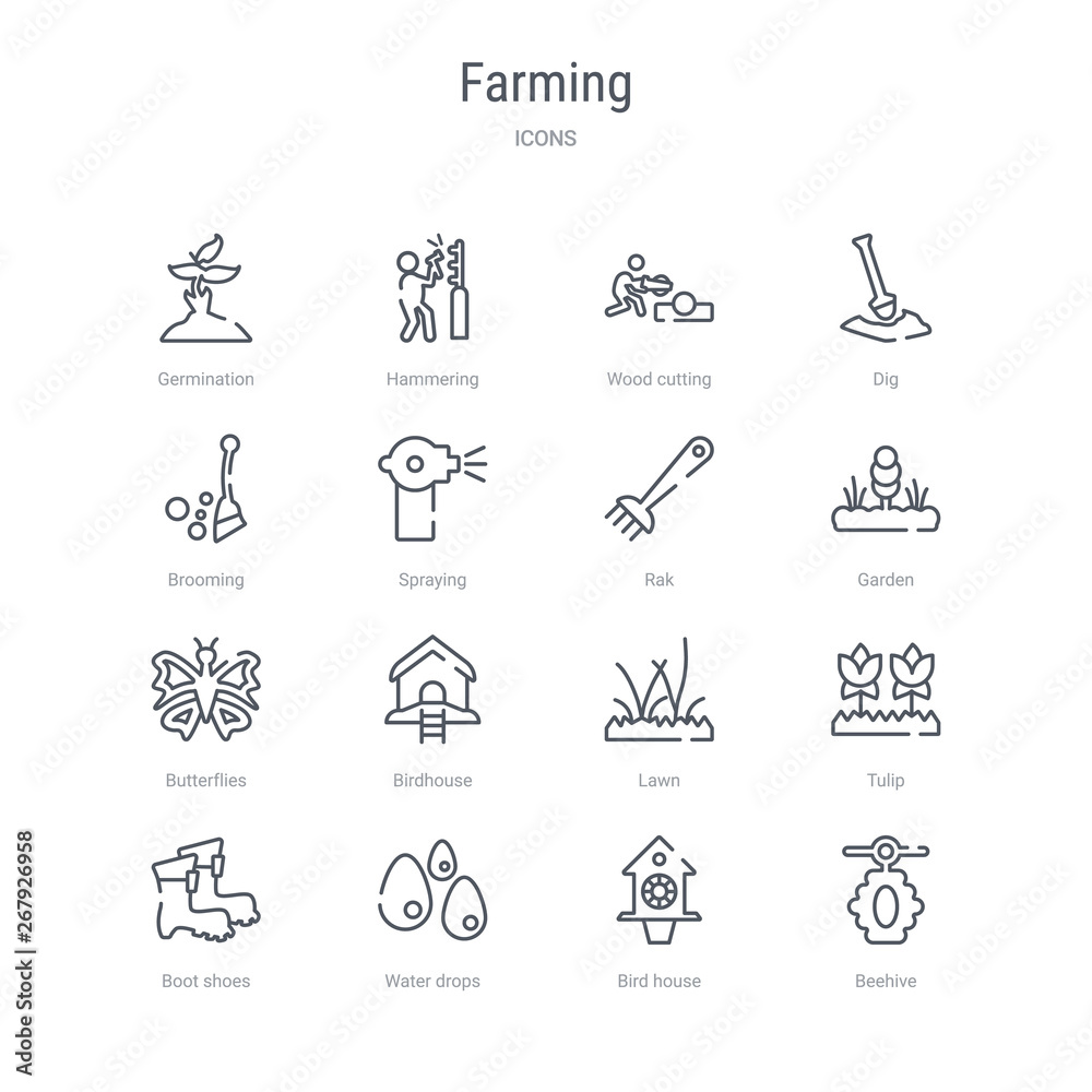 set of 16 farming concept vector line icons such as beehive, bird house, water drops, boot shoes, tulip, lawn, birdhouse, butterflies. 64x64 thin stroke icons set of 16 farming concept vector line icons such as beehive, bird house, water drops, boot shoes, tulip, lawn, birdhouse, butterflies. 64x64 thin stroke icons