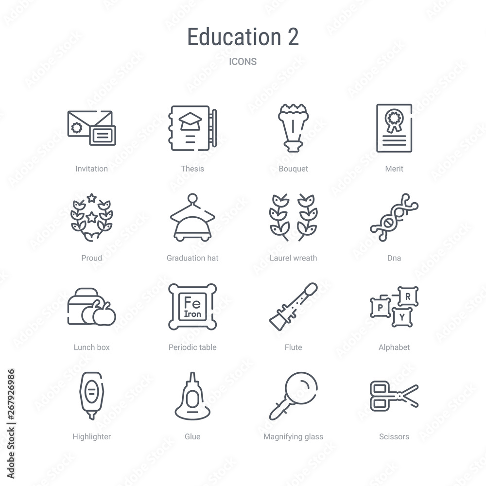 Fototapeta premium set of 16 education 2 concept vector line icons such as scissors, magnifying glass, glue, highlighter, alphabet, flute, periodic table, lunch box. 64x64 thin stroke icons