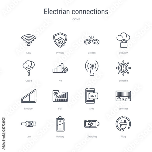 set of 16 electrian connections concept vector line icons such as plug, charging, battery, lan, ethernet, sms, full, medium. 64x64 thin stroke icons