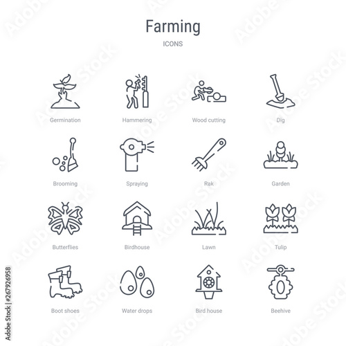 set of 16 farming concept vector line icons such as beehive, bird house, water drops, boot shoes, tulip, lawn, birdhouse, butterflies. 64x64 thin stroke icons