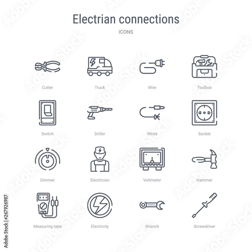 set of 16 electrian connections concept vector line icons such as screwdriver, wrench, electricity, measuring tape, hammer, voltmeter, electrician, dimmer. 64x64 thin stroke icons