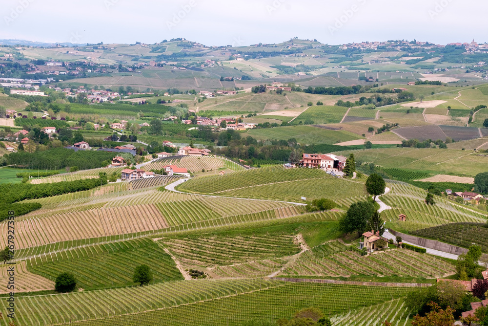 Langhe hills vineyards landscape, small villages. Viticulture in Barolo, Piedmont, Italy, Unesco heritage. Barolo, Nebbiolo, Dolcetto, Barbaresco red wine.