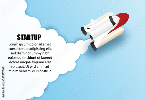 Startup business concept . Design with  spacecraft , rocket flying in the blue sky .copy space for text, infographic. Symbol of new business,  innovation, future, creative. paper art style. vector.