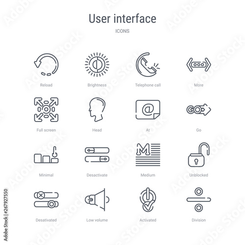 set of 16 user interface concept vector line icons such as division, activated, low volume, desativated, unblocked, medium, desactivate, minimal. 64x64 thin stroke icons