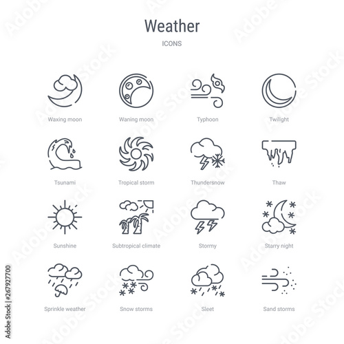 set of 16 weather concept vector line icons such as sand storms, sleet, snow storms, sprinkle weather, starry night, stormy, subtropical climate, sunshine. 64x64 thin stroke icons