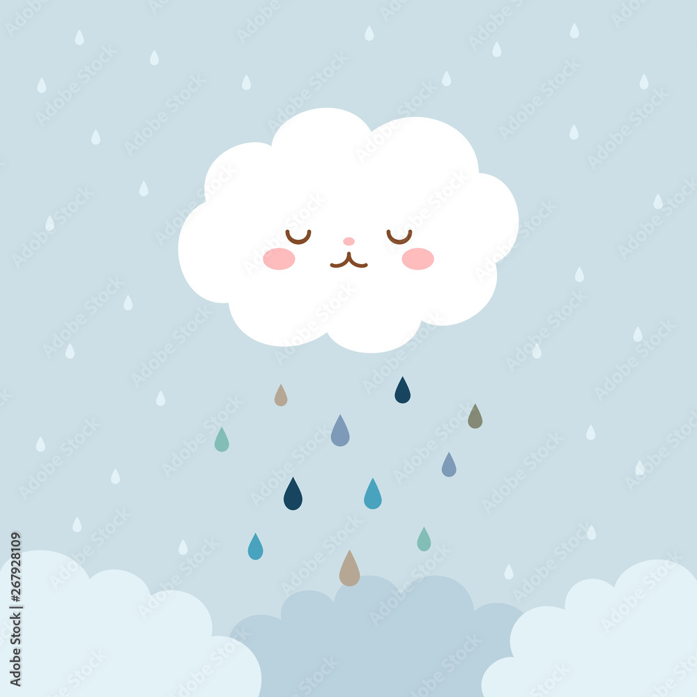 Cute cloud with raindrops on gray sky background