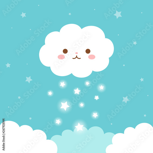 Cute cloud with stars on blue sky background
