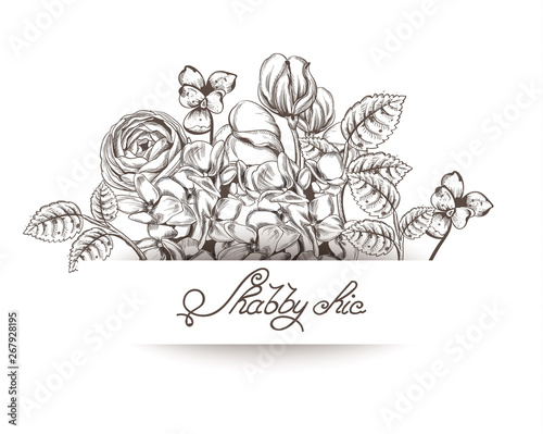 Vintage card with flowers Vector lineart. Floral decor old effect styles