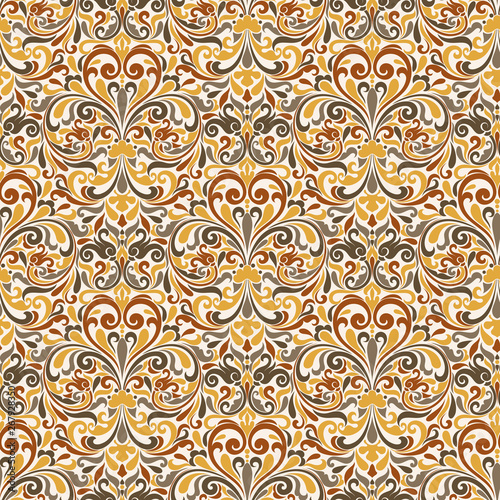 Seamless background baroque style. Vintage Pattern. Retro Victorian. Ornament in Damascus style. Elements of flowers, leaves. Vector illustration. Wallpaper, print packaging, textiles.