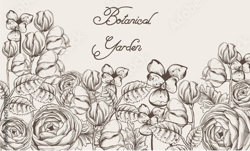 Vintage card with flowers Vector lineart. Floral decor old effect styles