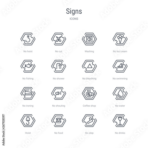 set of 16 signs concept vector line icons such as no drinks, no step, no food, hoist, water, coffee shop, shouting, ironing. 64x64 thin stroke icons