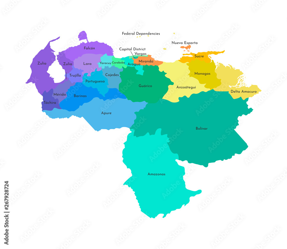 Vector isolated illustration of simplified administrative map of Venezuela. Borders and names of the regions. Multi colored silhouettes
